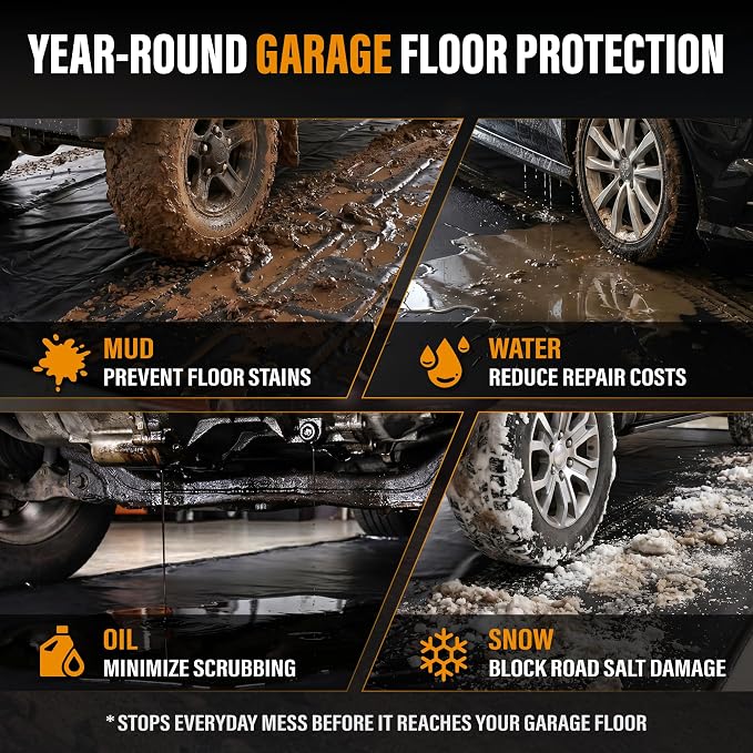 7'9" x 16' Garage Floor Mat, Non-Slip Containment Mat | 610GSM PVC Material, 65 Gal Capacity, Easy Maintenance, 1.2" Raised Edges, Protect the Floor