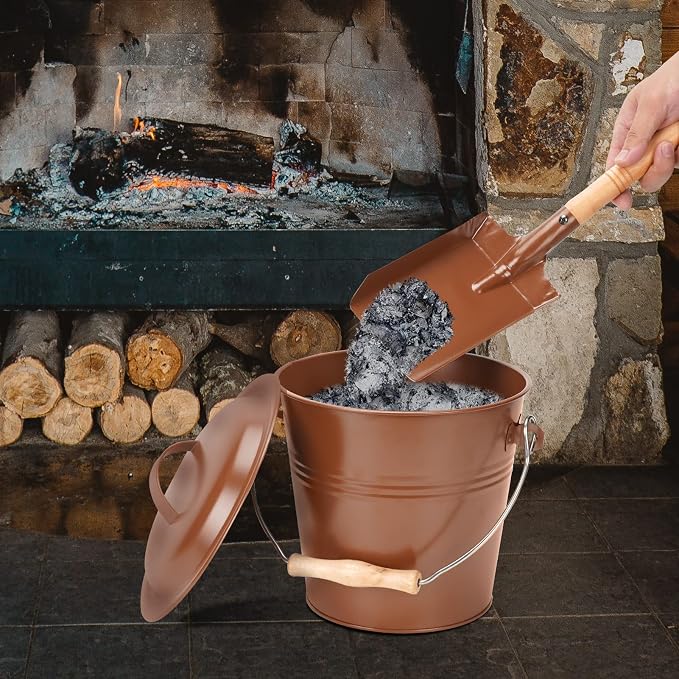 Mini Ash Bucket with Lid, Fireplace Ash Bucket - Copper | 1.5-Gallon Ash Bucket With Lid and Shovel and Hand Broom, Metal Ash Bucket for Fireplace, Fire Pit, Wood Stove