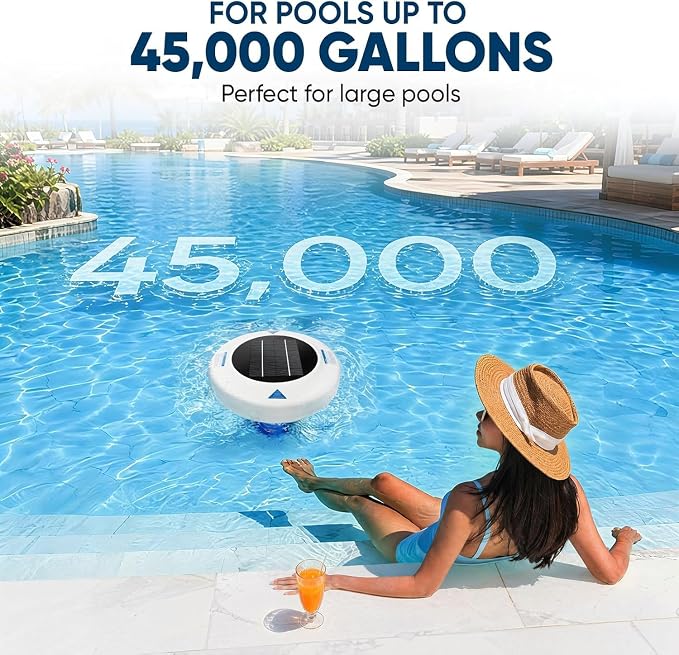Upgraded Solar Powered Pool Water Care Device for Above Ground & Inground Pools Up to 45,000 Gallons, Floating Pool Maintenance System with Thick Copper Component, Low Maintenance Pool Care Solution
