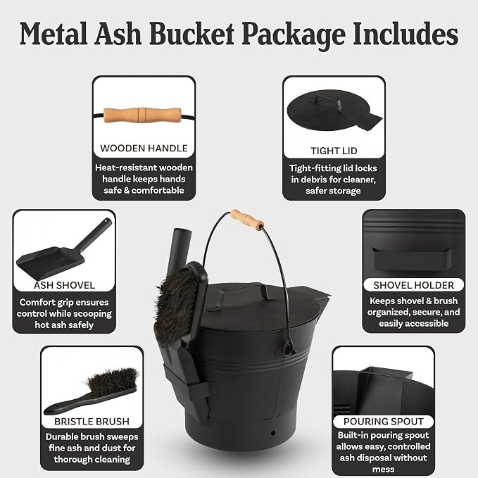 Pure Garden Ash Bucket with Lid, Broom, and Shovel, Black, 11”x12.2”x11” | 2.11-Gallon Metal Bucket for Fireplace or Firepit Ashes, Fireplace Tools