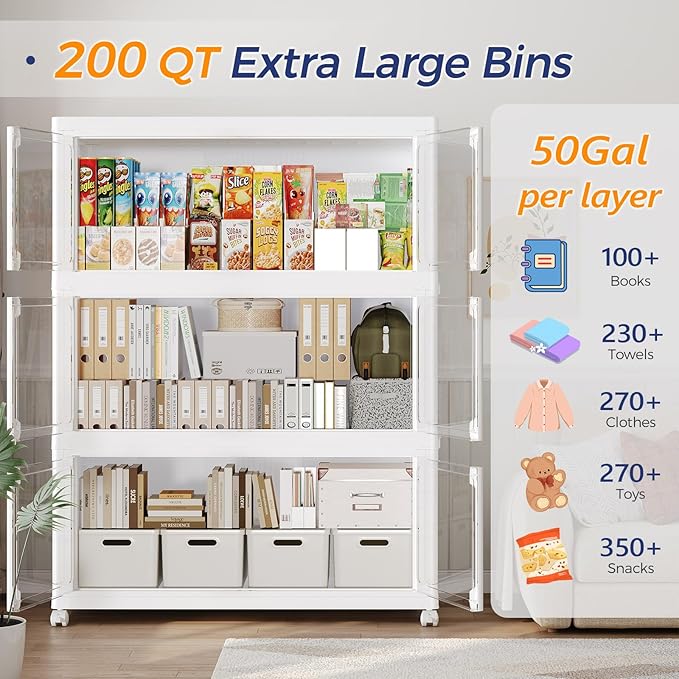 600Qt Stackable Storage Bins with Lid and Wheels, 150Gal Plastic Closet Organizer and Storage Drawer, Large Collapsible Storages Box Cabinet with Clear Door for Home Kitchen, 3Pack White