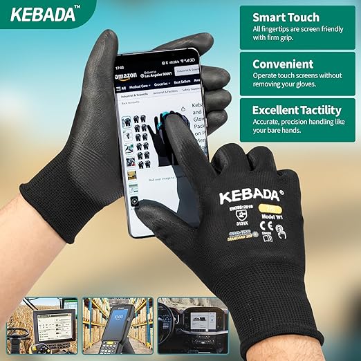 Kebada Safety Work Gloves,120 Pairs Bulk Pack, Touchscreen, PU Coated, Ideal for Warehouse, Construction, Gardening and Mechanics, Black, Medium