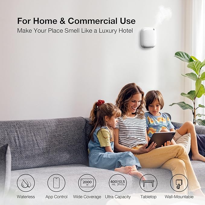 Airversa ANW Smart Waterless Diffuser Starter Kit for Room,White | 2x100 mL Hotel Scent Fragrance Oil, Up to 2000 sq ft, App Control, 400mL, DC-12V/1A Adapter, Scent Air Machine, ANWKit-2x100