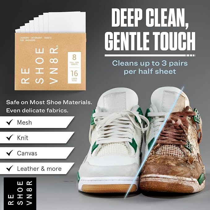 RESHOEVN8R Shoe Wash Detergent Laundry Sheets - 16 Loads, Cleans 48 Shoes | Eco-friendly formula safe on all shoes, laces & materials, for use in the washing machine