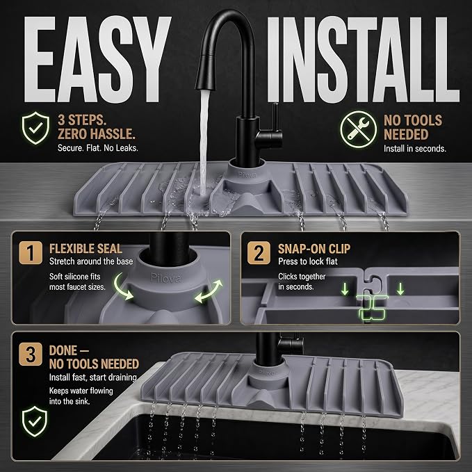 Premium Kitchen Sink Splash Guard – 18" x 5.7" Silicone Faucet Mat with Secure Pressure Clip, True 10° 3D Drainage(No Pooling), Anti-Lift Design, Flexible Leak-Sealing Ring, Non-Slip Fit Behind Faucet
