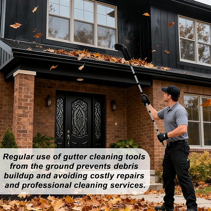 14ft/431cm Gutter Cleaning Tool with 2 Brush Heads, Adjustable Length Ladder-Free Telescopic Gutter Cleaner Pole Brush from the Ground for Leaf Leaves Branches & Debris Cleaning