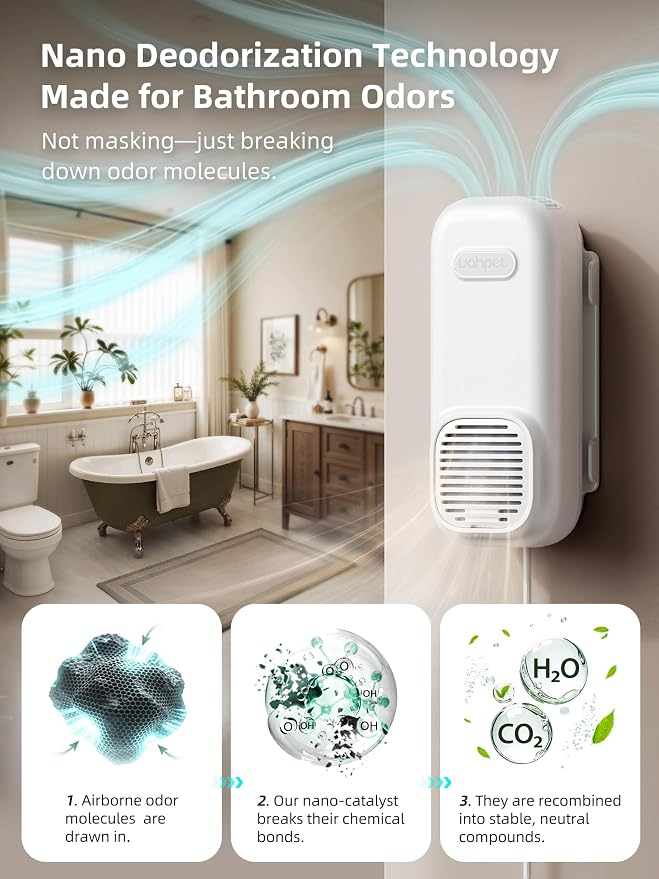 uahpet Bathroom Air Freshener, Plug in Air Purifier with Negative Ion, Nano & Fan-Powered, No Scent & No Refills Triple Home Deodorizer for Toilet, Bathroom, Kitchen, Garage Odors