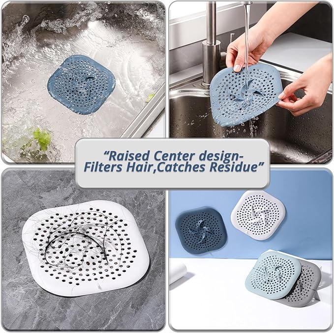 Drain Cover with Suction Cups, 5.9" Flat Square Strainer for Shower, Bathroom, Sink, 4 Pack