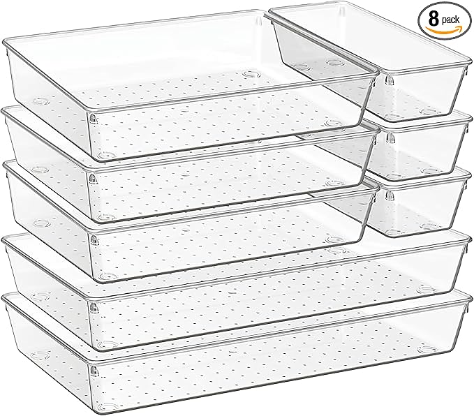 8-Pack Clear Plastic Drawer Organizer Trays – Large Dividers for Kitchen Gadgets, Bathroom Storage, Makeup & Vanity Accessories – Multi-Use Home Essentials for Organized Living