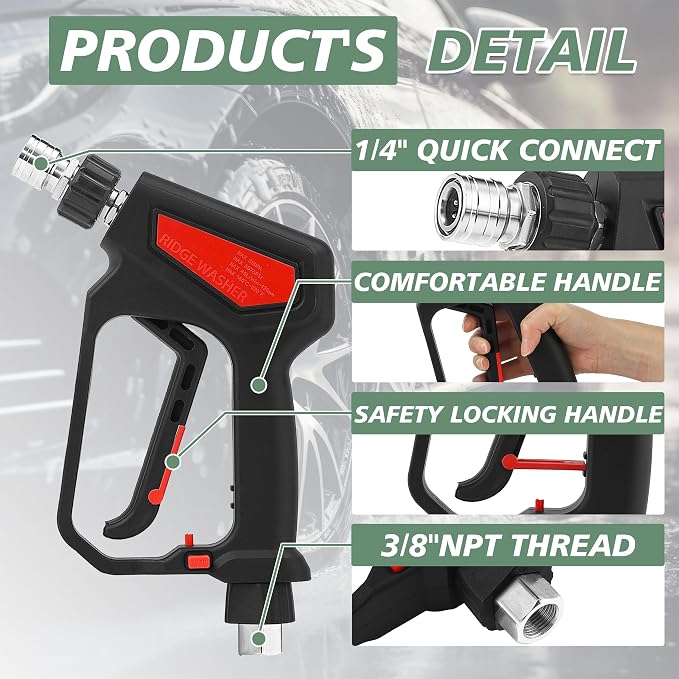 RIDGE WASHER Pressure Washer Gun 5000 PSI, 12 GPM, M22 Fitting | Detachable M22 14 Male to 1/4" Quick Connect, 360° Swivel 3/8'' NPT Thread