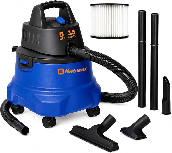 Koblenz WD-5 L2 Wet Dry Vacuum Cleaner, Blower, Shop Vac 3.5 PHP, 5 Gallon | 3-in-1 Suction & Blower, Swivel Casters, Twist-N-Lock Hose, Large Vacuum Cleaners for Home, Workshop, Car, Blue/Black