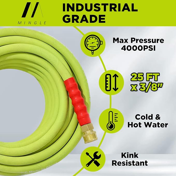 M MINGLE Pressure Washer Hose 25 FT x 3/8" - Replacement Power Wash Hose for Hot and Cold Water - High Pressure Hose with M22 14mm to 3/8 Inch Quick Connect Fittings - 4000PSI