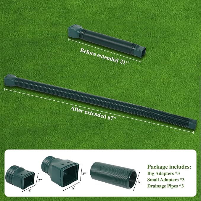 Gutterlix 3 Pack Flexible Gutter Downspout Extensions Extendable from 21" to 67", Downspout Extender Comes with Adapters, Thickened Down spout Drain Extension for Rainwater Drainage(Green)