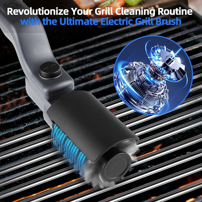 Upgraded Electric Grill Brush, Cordless Rechargeable Grill Cleaning Brush with Adjustable Angle, Stainless Steel Brush Head, 3-Speed Power, 90-Min Runtime, Waterproof Cleaner for BBQ Grates (Gray)