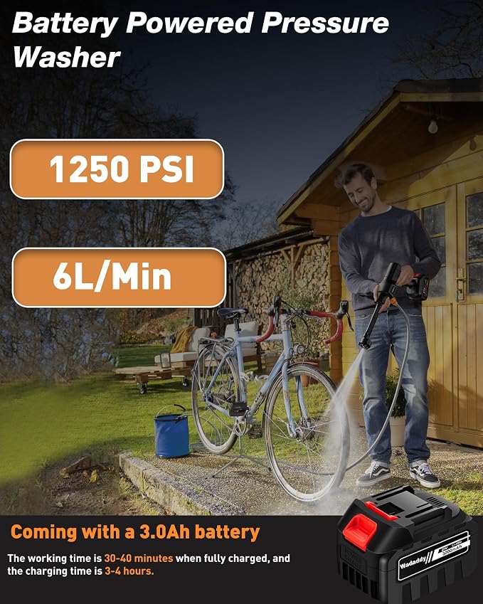 Cordless Car Washer 1250PSI Cordless Car Washer with 6-in-1 Nozzle, 17FT High-Elastic Hose,Home Portable Handheld Car Washer Cleaner