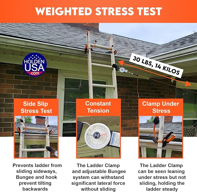 Holden USA - Ladder Clamp - Stabilizer Clip – Secure Safety Clamp for Roof, Gutters, and Wall Prep – Durable Support Cord for Roofing and Gutter Tasks (Orange Pair/2 units)