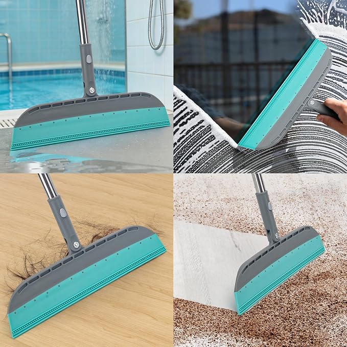 Multifunction Rubber Air Broom, Silicone Floor Squeegee Broom with 59" Long Handle, Scraping Broom for Floor Bathroom Kitchen Shower Tile Pet Hair Fur Marble Glass Water Window Foam Cleaning, Blue
