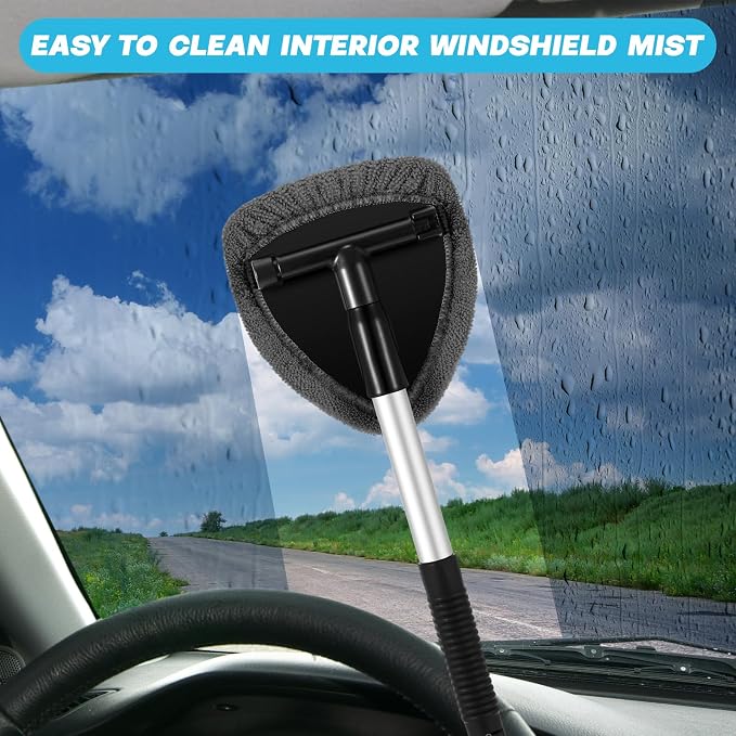 Potchen 8pcs Car Windshield Cleaner Tool with Extendable Handle, Grey | with Microfiber Towel Pads, Brush, Empty Spray Bottle, Car Window Cleaner for Auto Glass Wiper Suvs Rvs & Home Windows