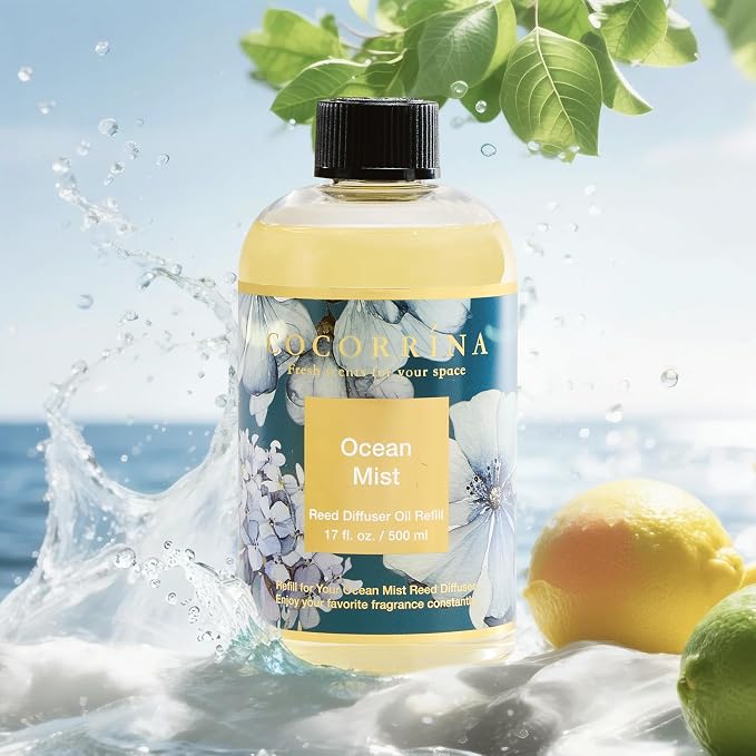 Reed Diffuser Refill Ocean Mist 17oz (500ml) with 8 Sticks - Premium Long-Lasting Scented Oil, Home Fragrance for Bedroom, Bathroom Home Decor