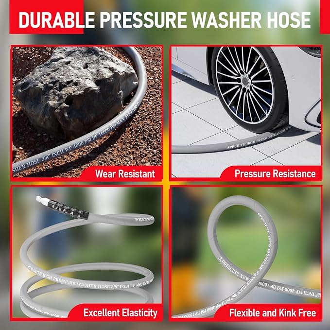 SPECILITE 25FT×3/8" Pressure Washer Hose for Hot & Cold Water Max 212℉, 4000 PSI High Durability Steel Braided Layer Power Washer Hoses with 2 M22-14mm QC Adapters, Heavy Duty and Kink Resistant