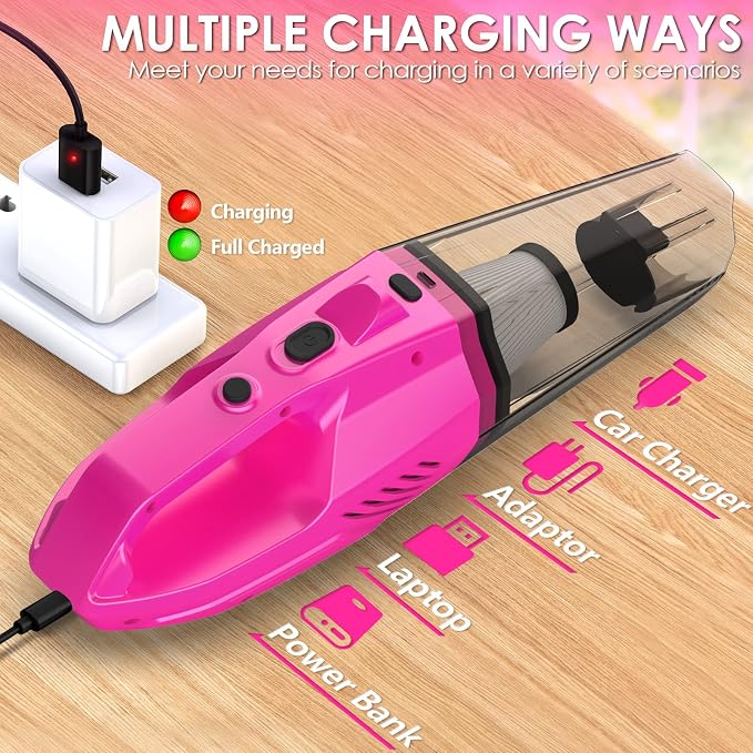 THINKWORK Car Detailing Kit with Vacuum, Pink Car Cleaning Accessories Set | 8000PA High Suction/High power Cordless Vacuum Cleaner,Led Light, Interior deep cleaning, 22Pcs,Home & Vehicle,Gift for Women