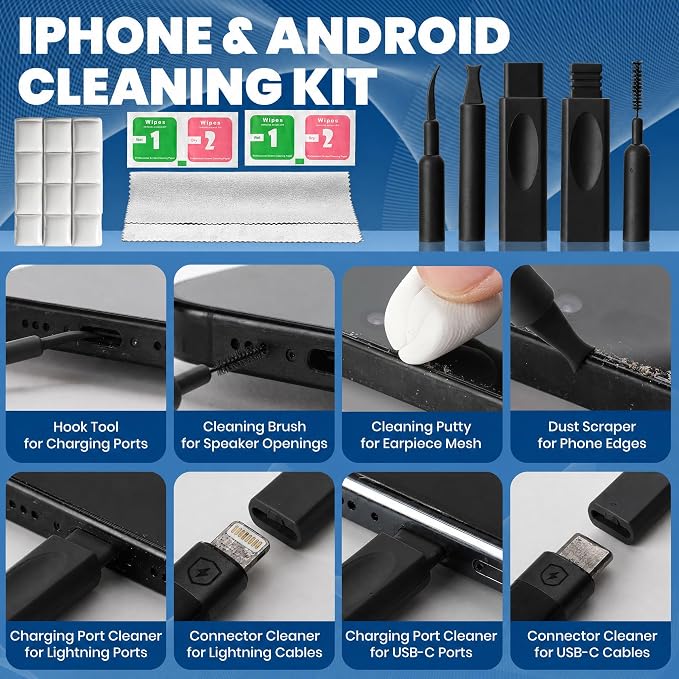 Upgrade Phone Cleaning Kit (57PCS), iPhone Cleaning Kit, Cleaning Kit for AirPods, Keyboard Cleaning Kit, Charging Port Cleaner for Apple Lightning/Android USB-C (Black, with 10 Mini Brush)