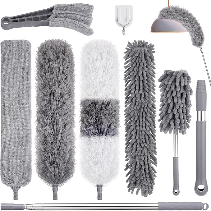 9PCS Dusters for Cleaning,Extendable Microfiber Duster with Extension Pole Up to 100'',Bendable Washable and Reusable Dusters Kit for Ceiling Fans, High Ceilings,Blinds,Furniture and Cars | Bendable Washable and Reusable Dusters Kit for Ceiling Fans, H...