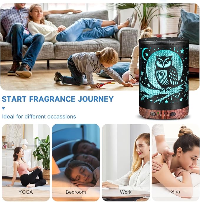 Essential Oil Diffuser 120ML Metal Aromatherapy Diffuser with Timer, Cool Mist Humidifier with Auto Shut-Off & 7 Color Lights for Home Office Spa (Owl)