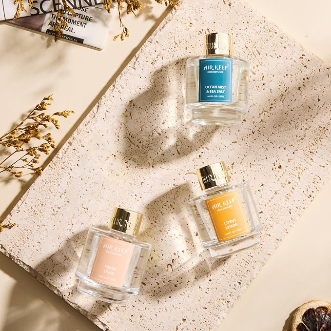 Reed Diffuser Set of 3,Fresh Linen Ocean Mist&Sea Salt Citrus Lemon Oil Reed Diffusers for Bedroom Living Room Office Aromatherapy Oil Reed Diffuser for Gift 50ml x 3