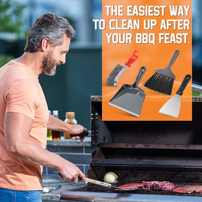 4 Piece Pellet Grill Ash Cleaning Kit, Easy to Remove Ash & Grime | Includes Large Dust Pan, Soft Bristle Brush & Metal Scraper, Compact & Portable, BBQ Grill Cleaning Essential