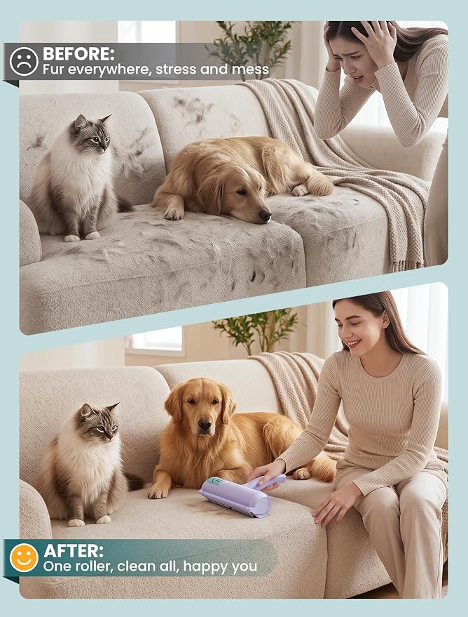 DELOMO Pet Hair Remover Roller, Reusable Lint Roller for Dog and Cat Hair | Portable Pet Hair Roller with Large Fur Bin, Fast Cleaning for Couches, Bedding, Rugs, Car Seats and Furniture, No Batteries