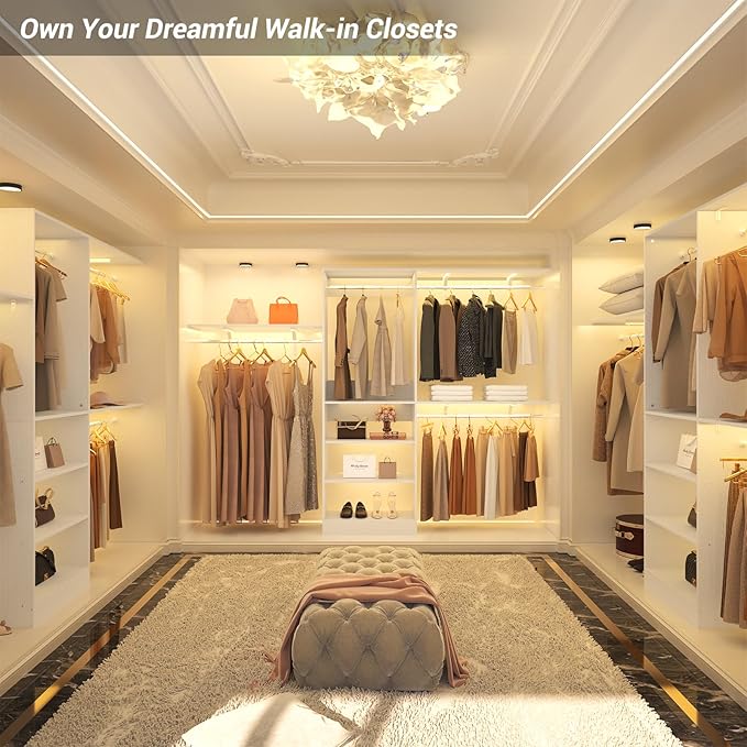 8FT Closet System with Shelves, 96'' Closet Organizer System with 3 Hanging Rods, Wall Mount Bedroom Wardrobe Walk-in Closet, Adjustable Cloth Garment Rack from 5 to 8FT (Cut to Fit), White
