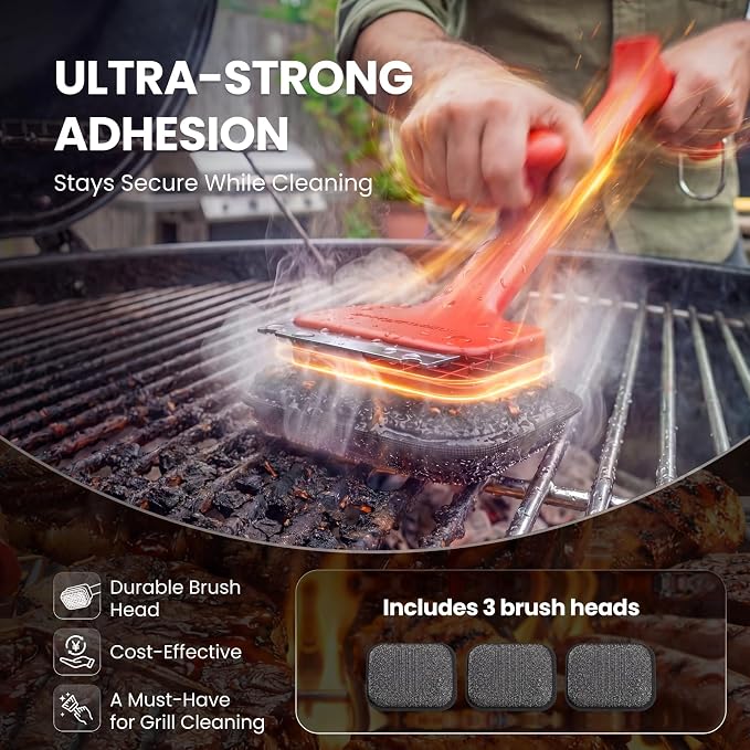 ThermoMaven Bristle-Free BBQ Grill Brush - No Wire Risk Steam Cleaner Removes Burnt Grease Fast - 17" Cool-Touch Handle, Scraper & 3 Replaceable Heads for Gas, Charcoal & Cast Iron