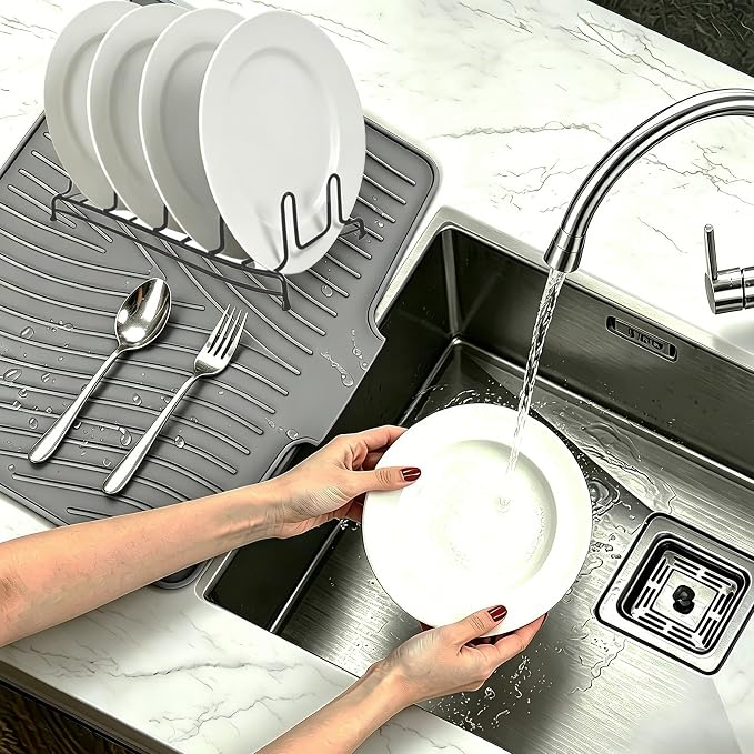 Silicone Dish Drying Mat,Dish Drying Pad,Kitchen Accessories,with Built-In and Non-Slip Drain,Easy Clean, Fit for Kitchen, Bar, RV, Refrigerator and Drawer Liner, 19.7*17 in Grey 1PCS by EBIGIC