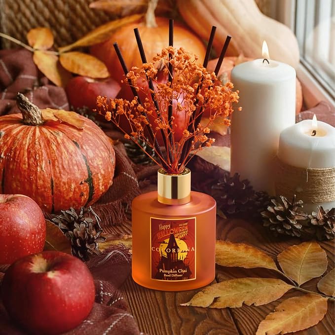 Reed Diffuser - Pumpkin Chai 6.7 fl oz Scented Diffuser with 8 Sticks Home Fragrance Bathroom Shelf Decor (Halloween Collection)