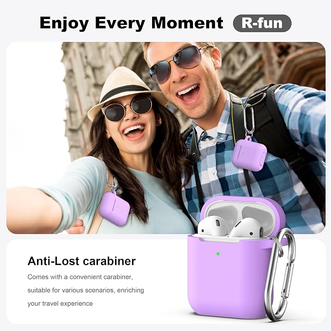 R-fun for AirPods 1/2 Case, Soft Silicone Protective Cover with Keychain and Cleaning Pen, Compatible with AirPods 2nd/1st Generation (2016/2019), Full Drop Protection Cover, Lavender