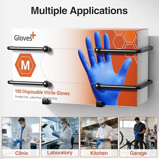 Adhesive Glove Box Holder Wall Mount, Metal Gloves Dispenser, Black | For Latex & Nitrile Boxes, No-Drill Tissue & Wipes Organizer for Lab, Kitchen, Bathroom