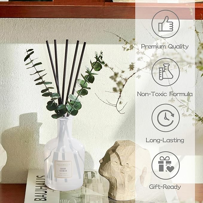 Light Cotton Reed Diffuser, 6.76 oz | Real Dried Eucalyptus Leaves, 8 Reeds, Long-Lasting Essential Oil, Home Fragrance, Bedroom or Bathroom Décor