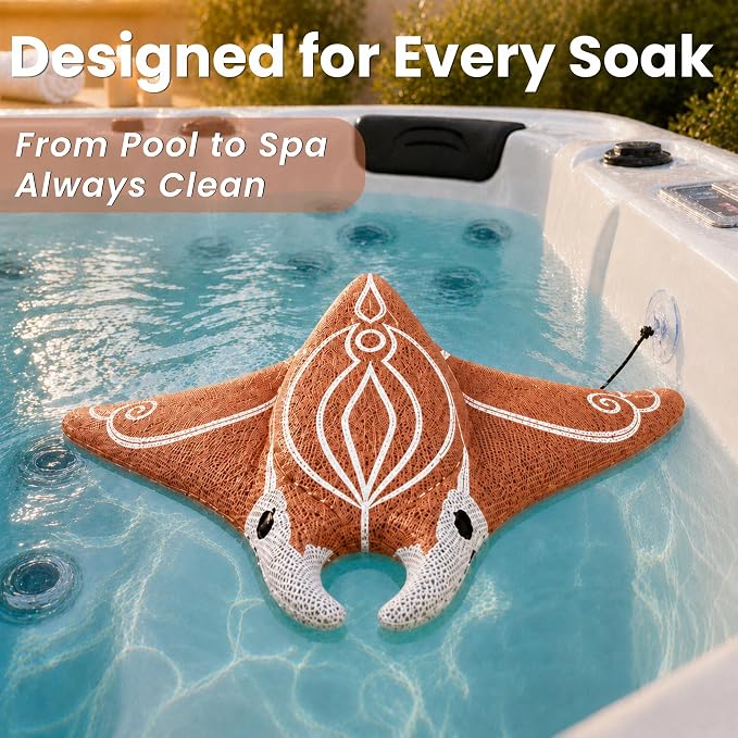 Swimming Pool & Swim Spa Scum Absorber - Copper Oil Absorbing Stingray, Reusable Floating Sponge Removes Oil Lotion Slime from Pool Water Surface, Machine Washable