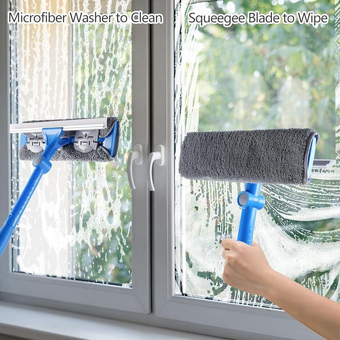 20 Feet+ High Reach Window Squeegee, 2-in-1 Window Cleaner Tool with 15.5Ft Extension Poles, Professional Window Washing Kit, Long Window Cleaning Equipment for High Outdoor Windows Glass