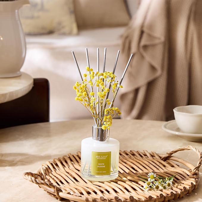 Reed Diffuser Set,3.38 fl oz (100 ml) - White Jasmine Oil Diffusers with 8 Reed Sticks, Home Fragrance Reed Diffuser for Bathroom Shelf Decor