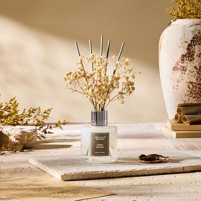 Reed Diffuser Set,3.38 fl oz (100 ml) - Clean Cotton Oil Diffusers with 8 Reed Sticks, Home Fragrance Reed Diffuser for Bathroom Shelf Decor