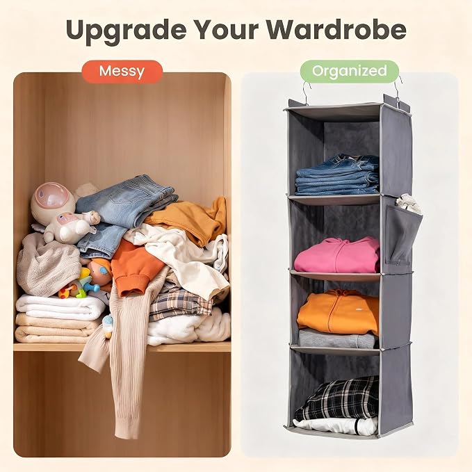 4-Tier Hanging Closet Organizer, Foldable Storage Shelves, Grey for Dorm RV | 4-tier hanging shelves for closets. Foldable, holds clothes & shoes. Fits dorms, apartments. Grey