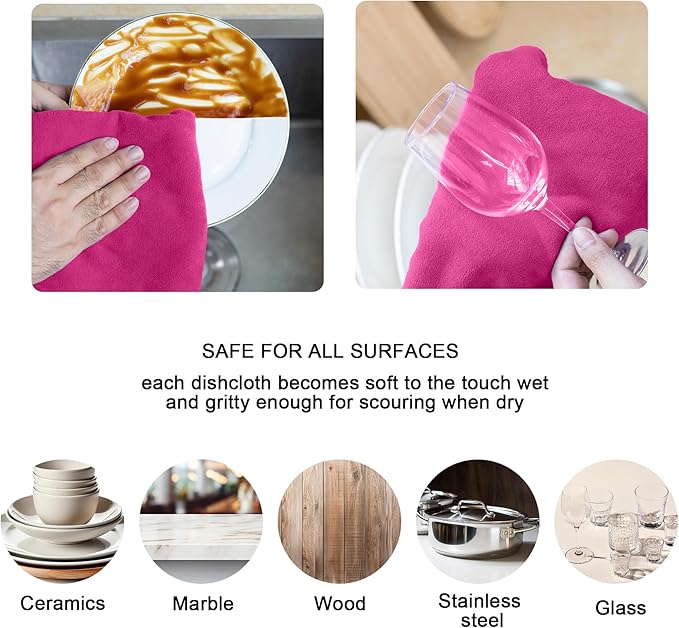 kimteny 13x28 Inches Kitchen Cloth Dish Towels, 400 GSM Premium Dishcloths, Super Absorbent Coral Velvet Microfiber Cleaning Cloths, Fast Drying Rags for Washing Dishes (6 Pack, Rose Red)