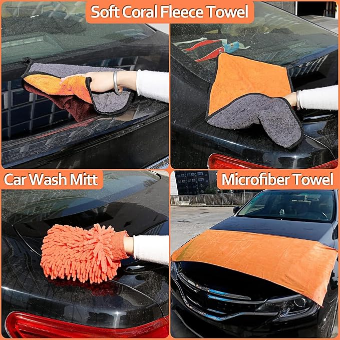 THINKWORK Car Detailing Kit, Microfiber Cleaning Tools with Storage Bag | Scratch-Proof Microfiber, 17Pcs Complete Set, Fits Most Vehicles, Dual Interior & Exterior Use, Orange, Ideal Gift