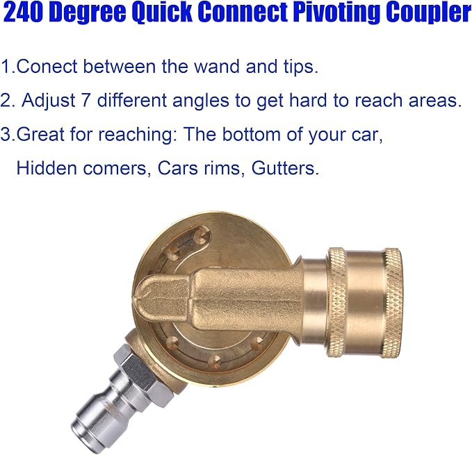 M MINGLE 240 Degree Rotation Gutter Cleaner Attachment, 4500 PSI | Pivoting Coupler for Pressure Washer Nozzle, Reaches Hard-to-Reach Spots, 1/4'' Quick Connect, For Gutters, Cars and Patios
