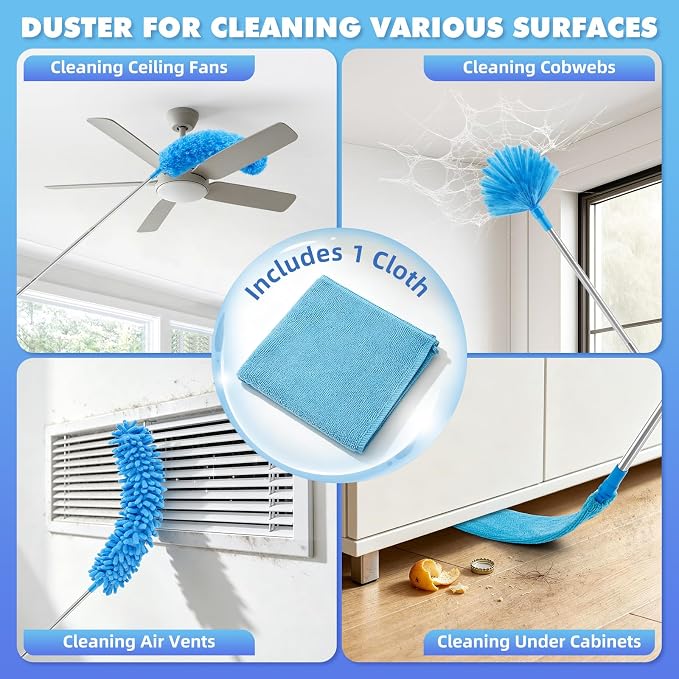 94'' Cobweb Duster with Extension Pole, Spider Web Brush | 10-in-1 Microfiber Duster Set, Bendable Duster of Cleaning Ceiling Fan Blades, Vents, and Outside