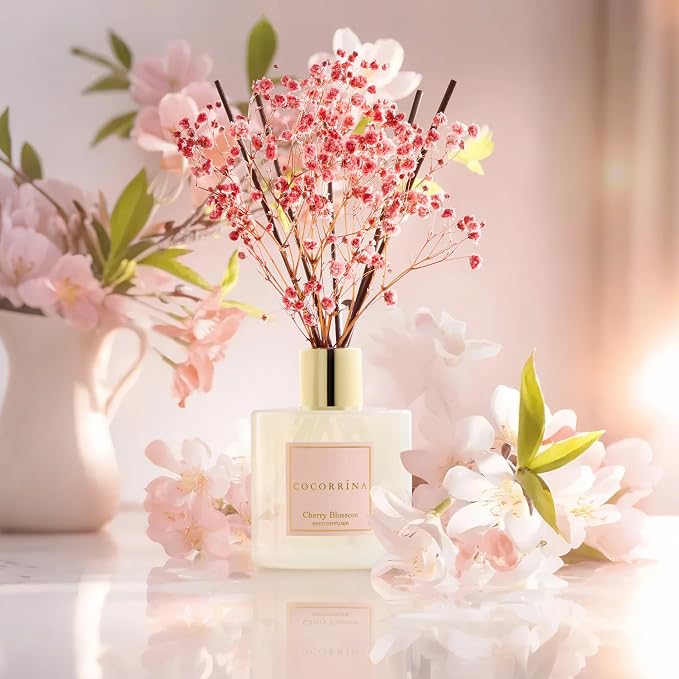 Reed Diffuser - Cherry Blossom 6.7 Fl.oz Reed Diffuser Set with Sticks & Preserved Baby's Breath, Reed Diffuser for Home Bathroom Shelf Decor