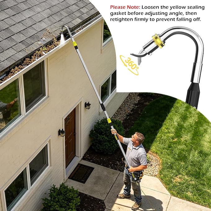 24FT Reach Telescopic Gutter Cleaning Tool, 8-15FT Gutter Cleaner from the ground with 360°Rotatable Duckbill Metal Head, Shut Off Valve, Leak-Proof Gutter Cleaning Wand for Garden Hose