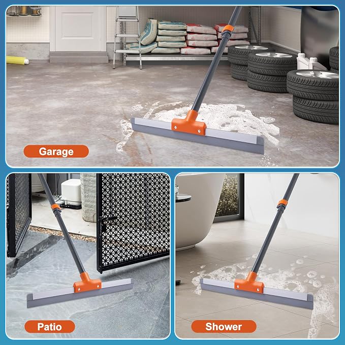 CLEANHOME Rubber Floor Squeegee with Extendable Long Handle | Concrete Floor, Tile Floor, Metal Aluminium Head, Heavy Duty Garage Shower Floor Squeegee Broom for Removing Water